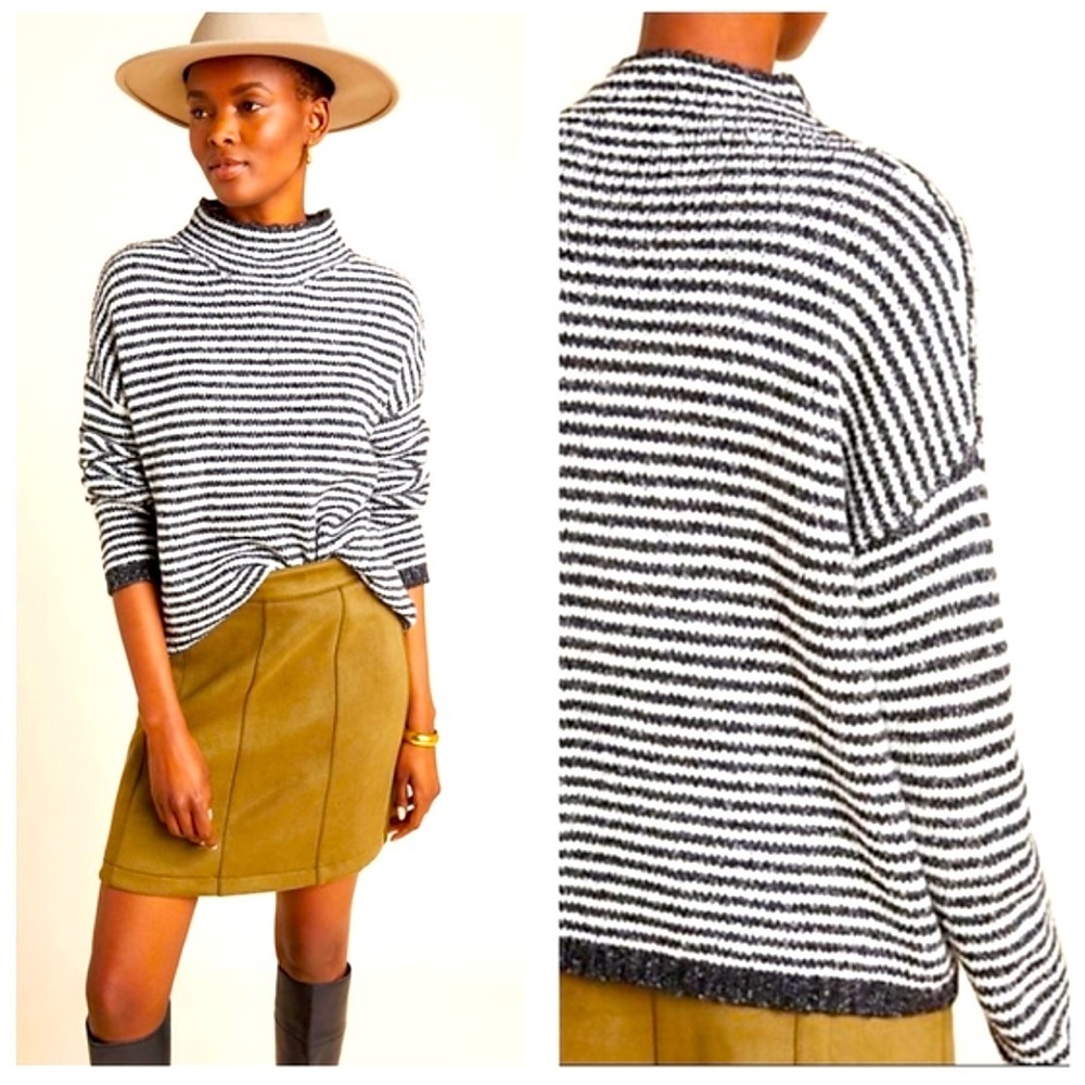 Anthropologie Women Lienna Mock Neck Sweater | Size XS | Black | White |
